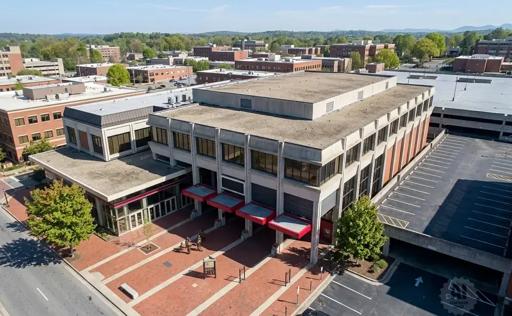 Aerial view of a brick and concrete building with a parking garage next to it under a clear sky.