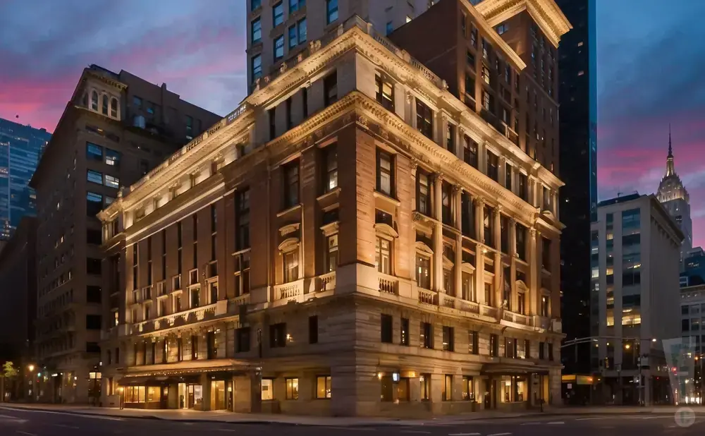 Ornate, well-lit building on a city street at dusk, with a pink and purple sky.