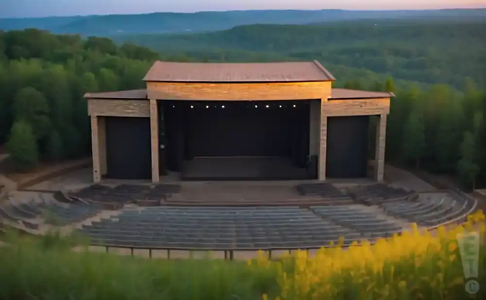 An outdoor amphitheater with stone-faced stage structure surrounded by trees, and tiered seating facing the stage.