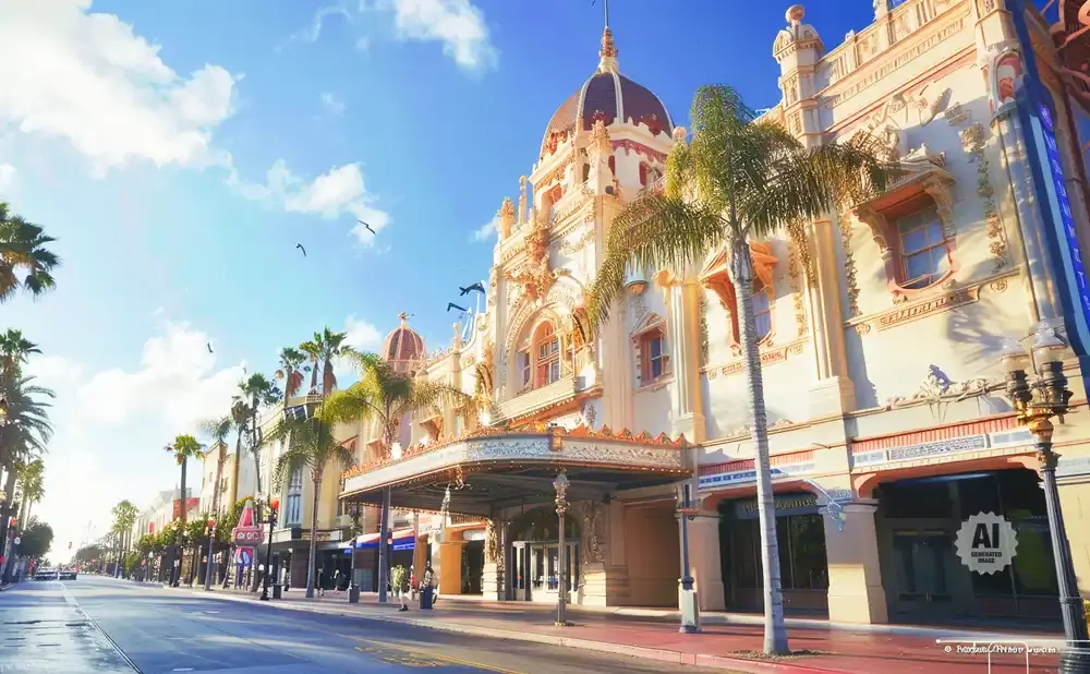 Ornate Spanish Baroque theater with palm trees lining a sunny street.
