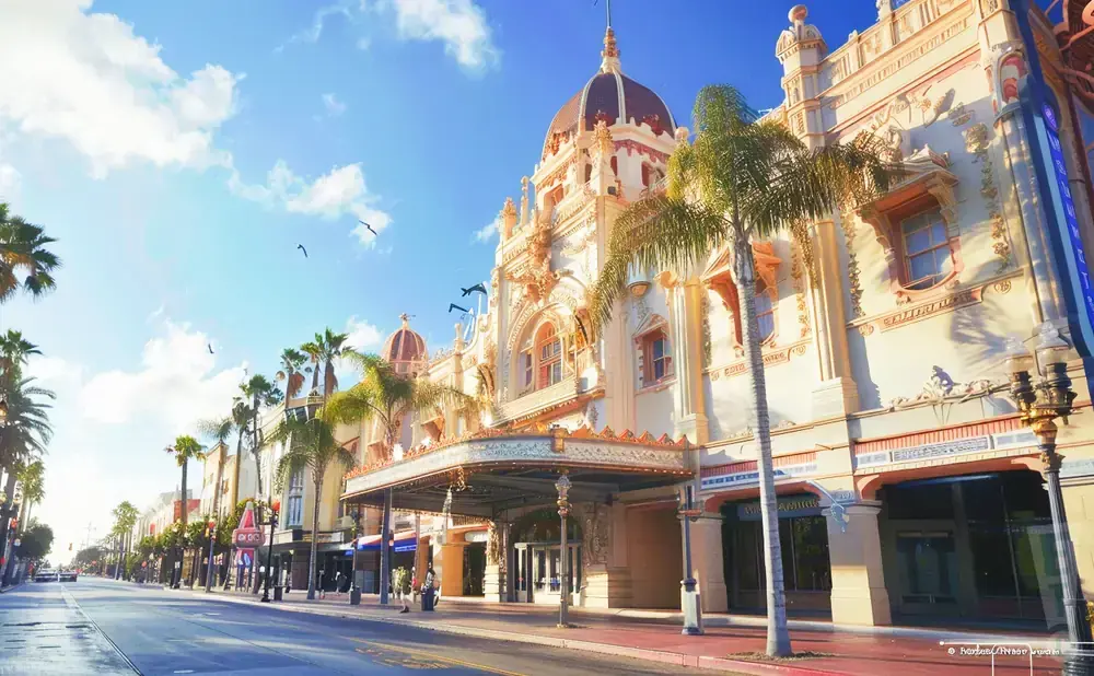 Ornate vintage theater with palm trees on a sunny day.