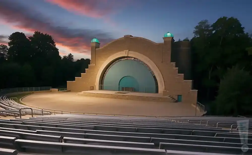 Outdoor amphitheater with tiered seating and a large arched stage at dusk with a colorful sky.