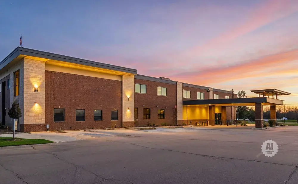 Modern brick building with a covered entrance and a sunset sky.