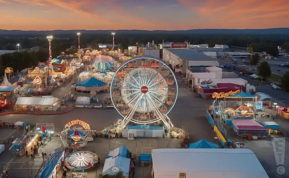 An aerial view of a brightly lit carnival at dusk, featuring a Ferris wheel, rides, and tents.