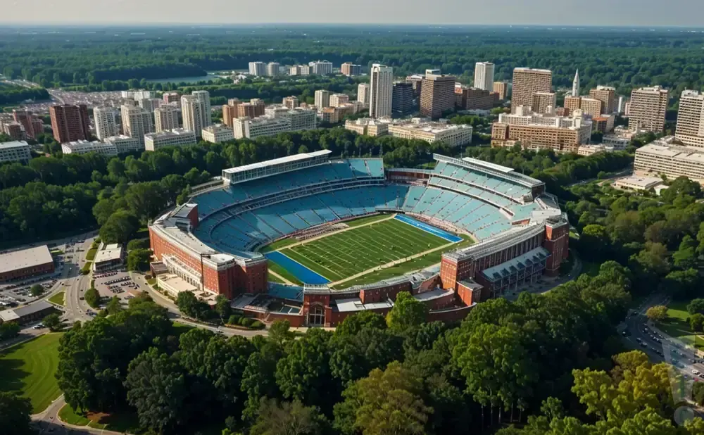 Aerial view of a large stadium with a football field, surrounded by trees and a city skyline.
