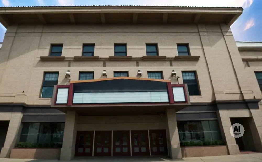 A beige building with a marquee and multiple doors.