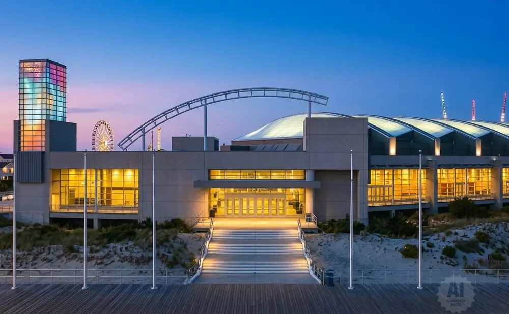 Ocean City Convention Center at dusk with a Ferris wheel and colorful tower.