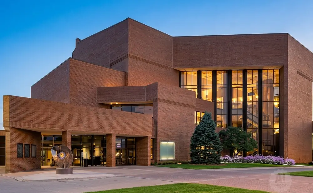 Modern brick building with large windows and a sculpture outside at dusk.