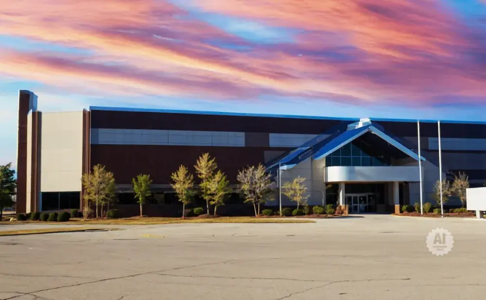 A modern, brick building with a blue, pitched roof entrance under a vibrant, colorful sky.