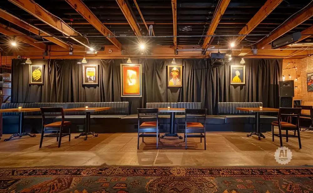 A dimly lit restaurant with black booths, wooden tables, and framed art on a black curtain wall.