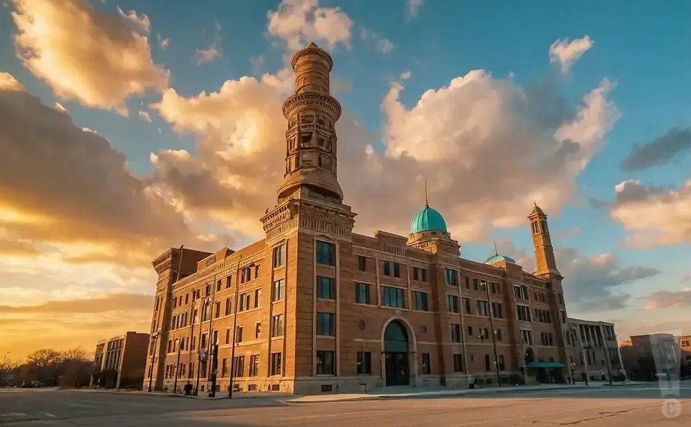 Brick building with a tall tower and turquoise domes against a cloudy sunset sky.