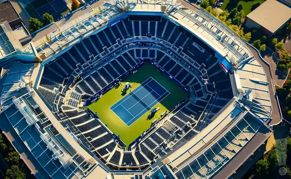 Aerial view of a tennis stadium with a blue court surrounded by empty dark blue seats.