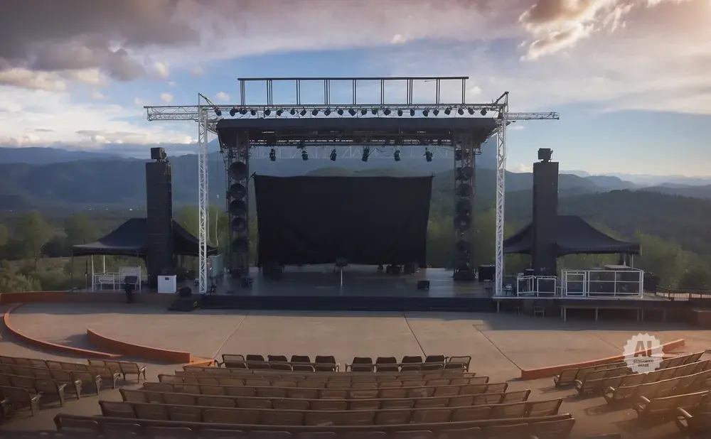 Outdoor amphitheater with a large stage, seating, and mountain backdrop.