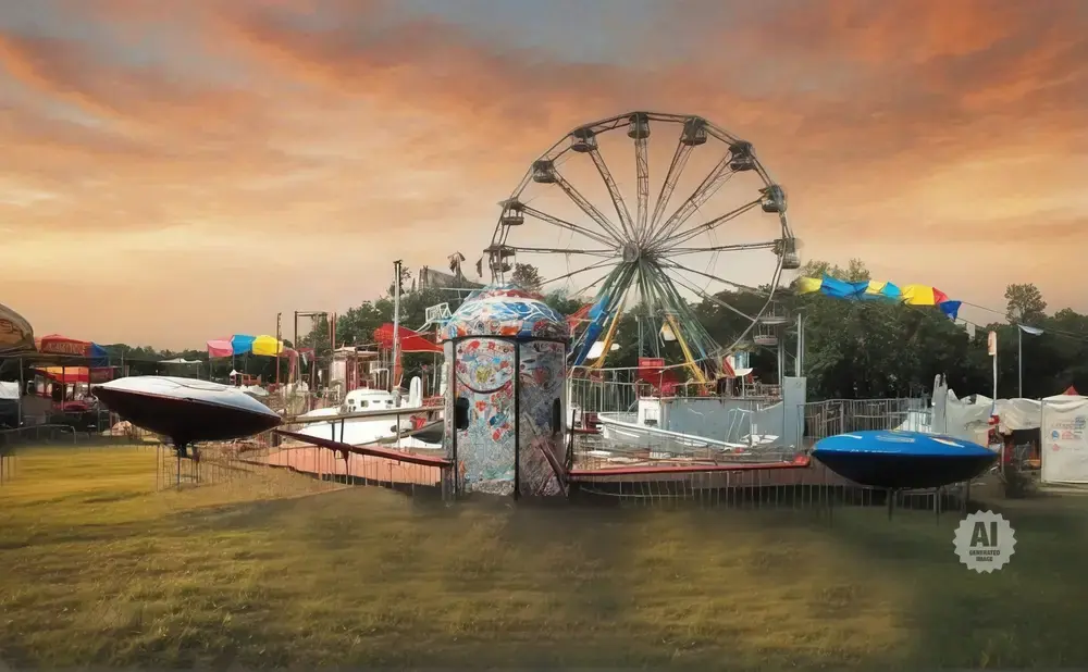 A surreal amusement park scene with a Ferris wheel, alien-themed rides, and a sunset sky.