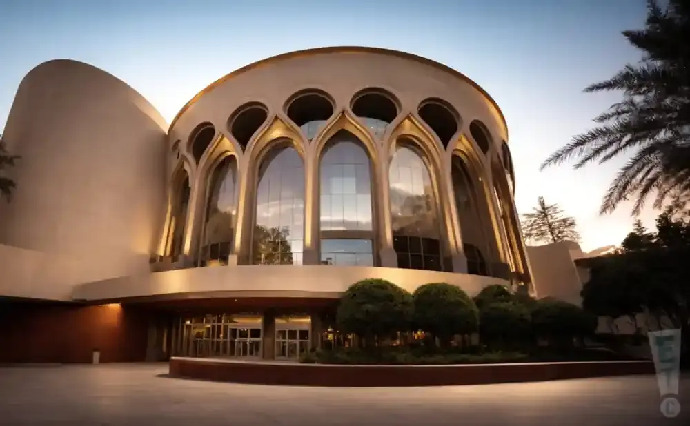 A modern building with a curved facade, large arched windows, and palm trees, bathed in soft evening light.