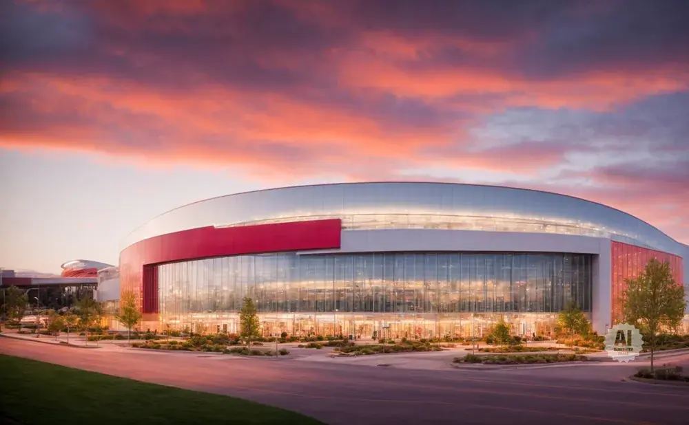 Modern arena with glass facade and red accents at sunset with dramatic pink and orange clouds.
