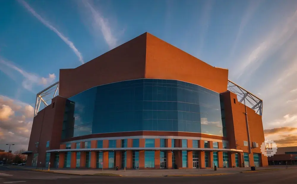 Modern brick building with large glass windows under a dramatic sky.