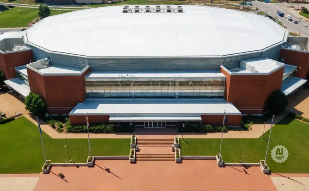 Aerial view of a large domed arena with brick walls and glass windows, surrounded by green lawns and a red paved plaza.