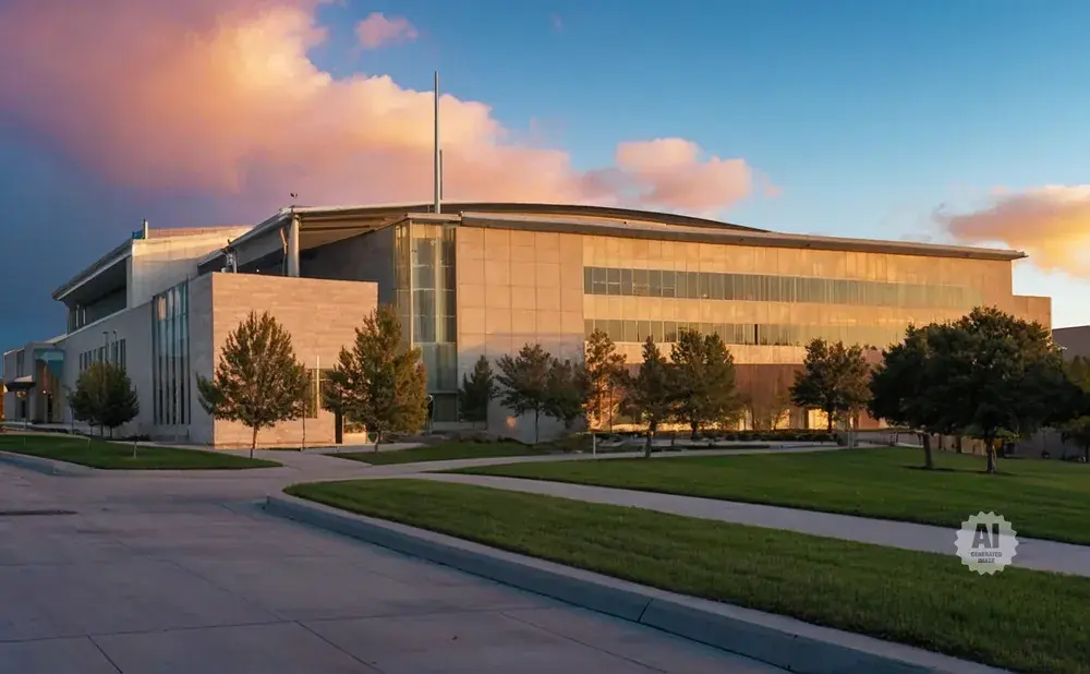 Modern building with large windows and trees in front, under a colorful sunset sky.