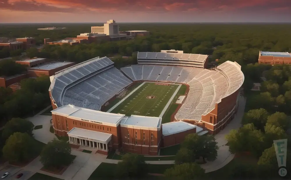 Aerial view of an empty football stadium at sunset, with surrounding buildings and trees.