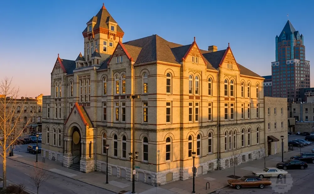 An old cream brick building with a tower and red trim, bathed in golden hour light.