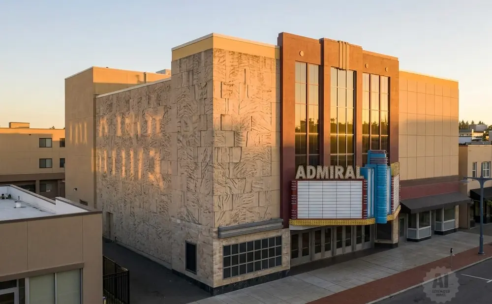 An exterior view of the Admiral Theatre, with warm sunlight highlighting its textured facade and marquee.