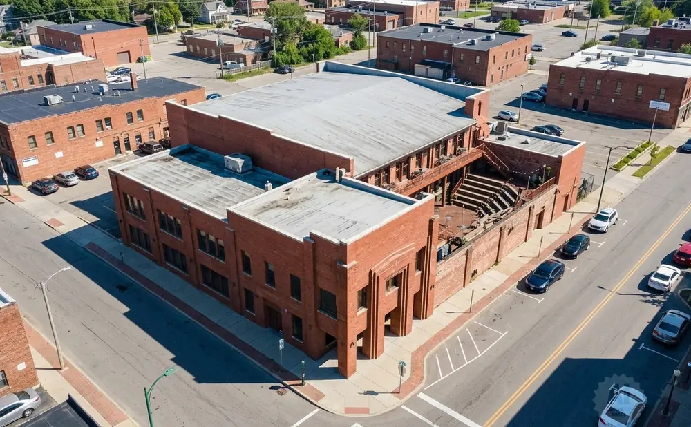 Aerial view of a red brick building with a large, flat roof, featuring an outdoor amphitheater and surrounding parking lot.