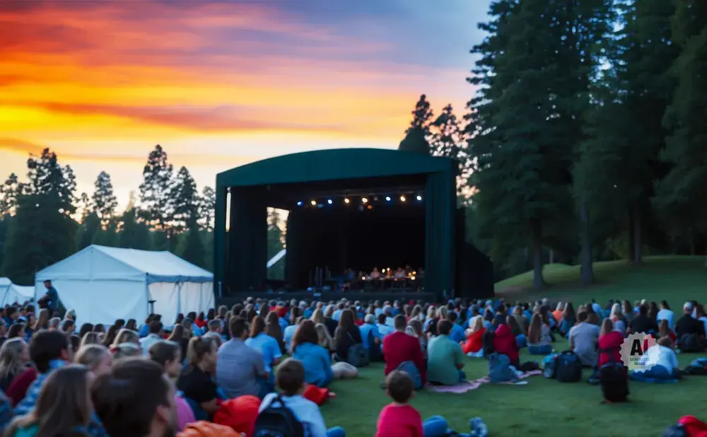 An outdoor concert at sunset with a crowd seated on grass in front of a stage.