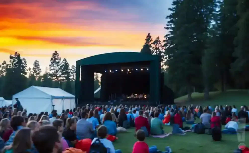 An audience sits on grass watching a sunset concert with a stage and trees.
