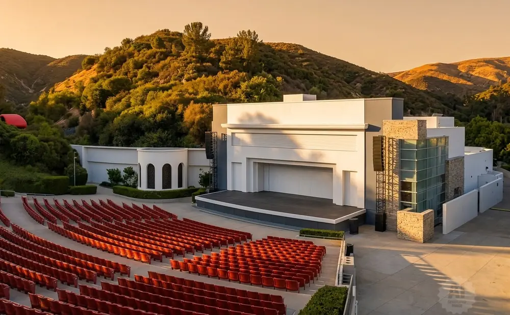 Outdoor amphitheater with red seats facing a stage, set against a backdrop of rolling hills at sunset.