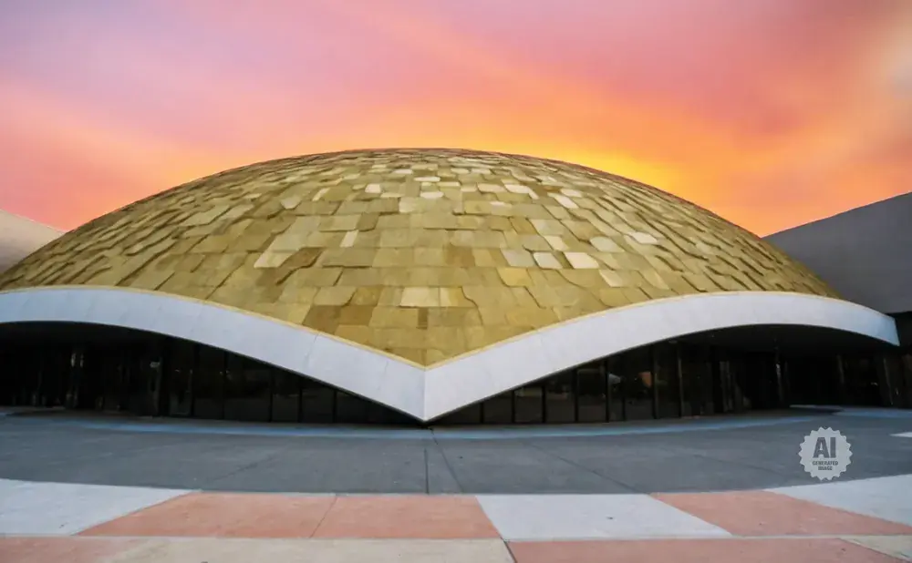 A golden dome building with a pink and orange sunset sky above.