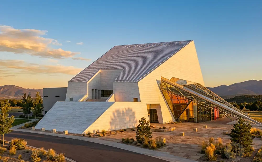 Modern building with a metal roof and glass entryway stands against a backdrop of mountains.
