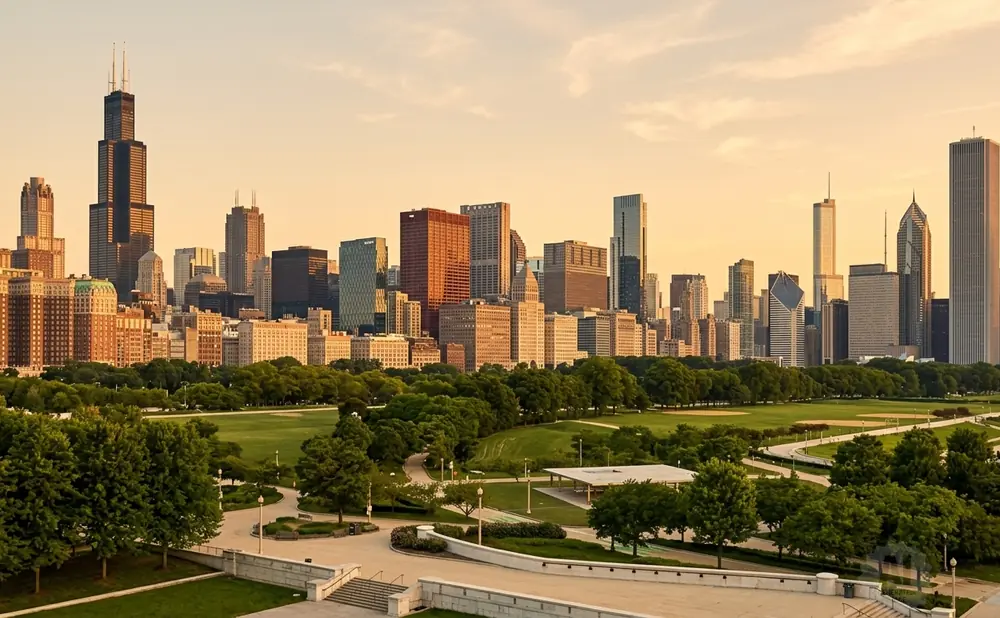 Chicago skyline with Willis Tower and Lake Michigan at sunset.