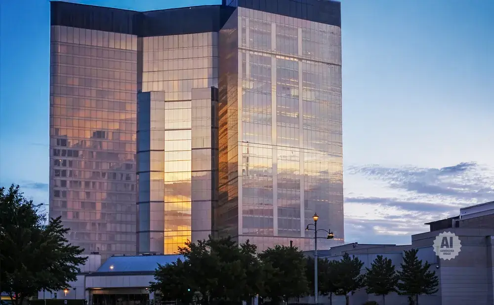 Modern glass skyscraper at sunset with warm reflections, surrounded by trees under a blue sky with clouds.