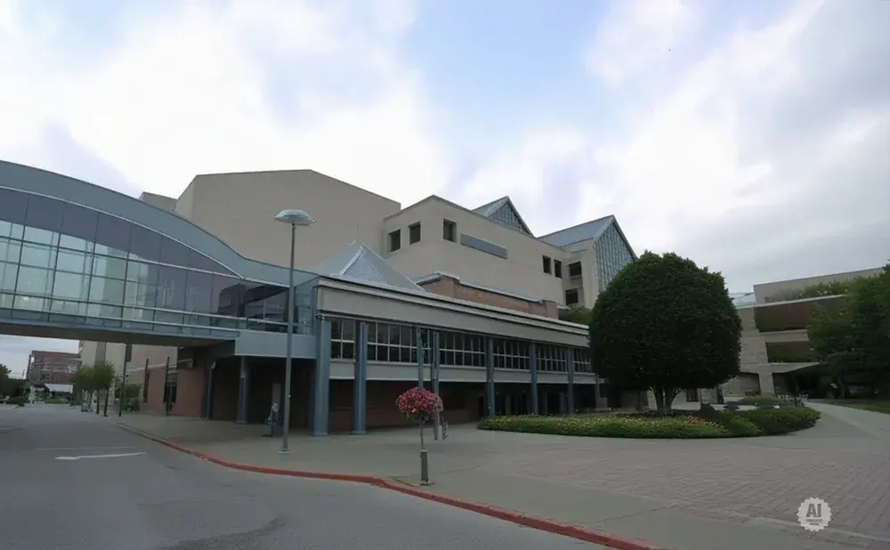 Modern building with a skywalk and a large green tree in front.