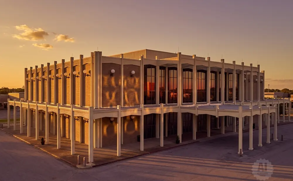 Modern building with a colonnade and large windows at sunset.