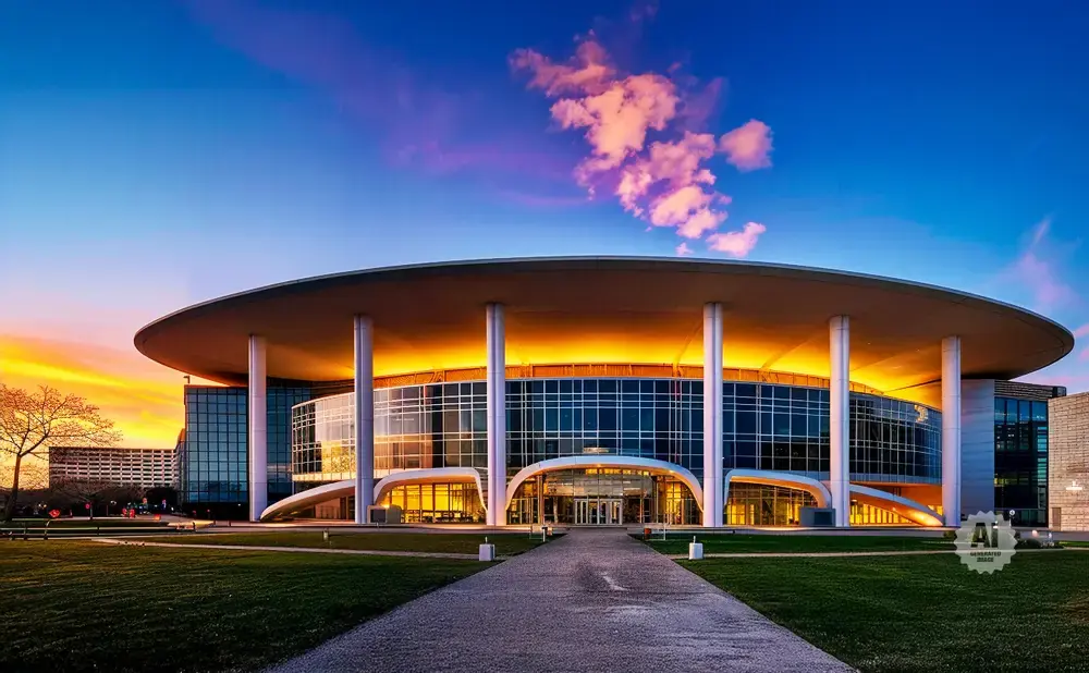 Modern building with a circular roof, glass facade, and dramatic sunset sky.