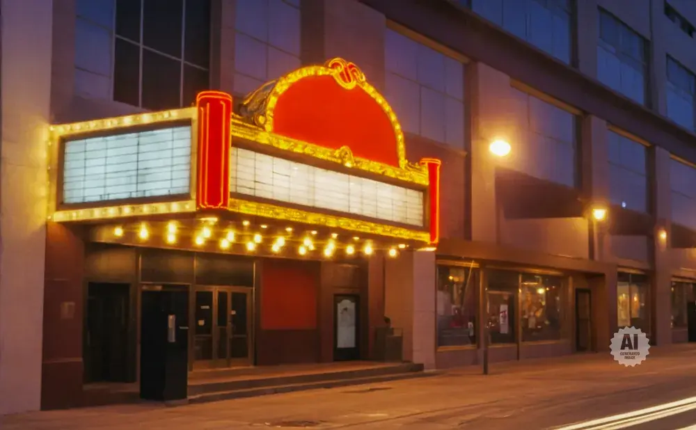 An illuminated movie theater marquee at dusk, with shops on the lower level.