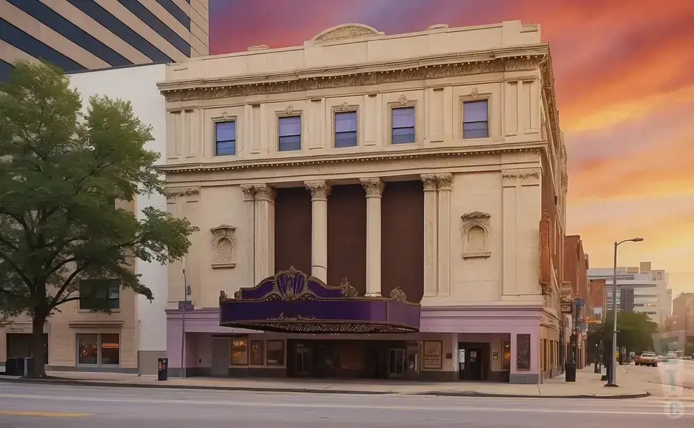Exterior view of a historic theater with a purple marquee and ornate facade, at sunset.
