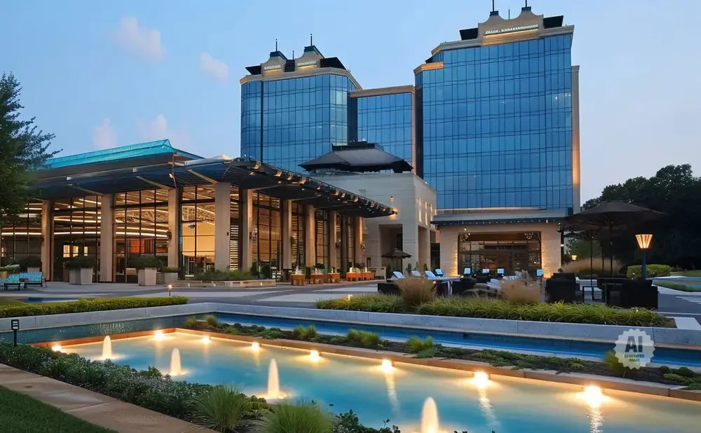 Modern hotel with blue glass towers and an illuminated water feature.