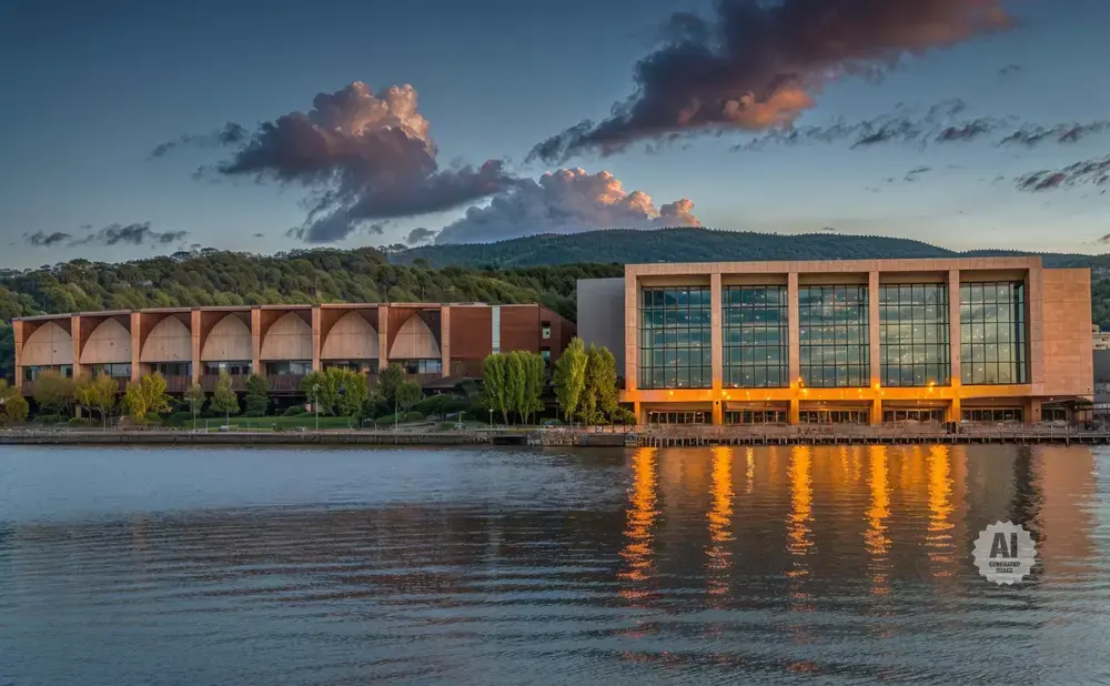 Modern buildings with arched and glass facades reflected in a calm body of water at sunset.