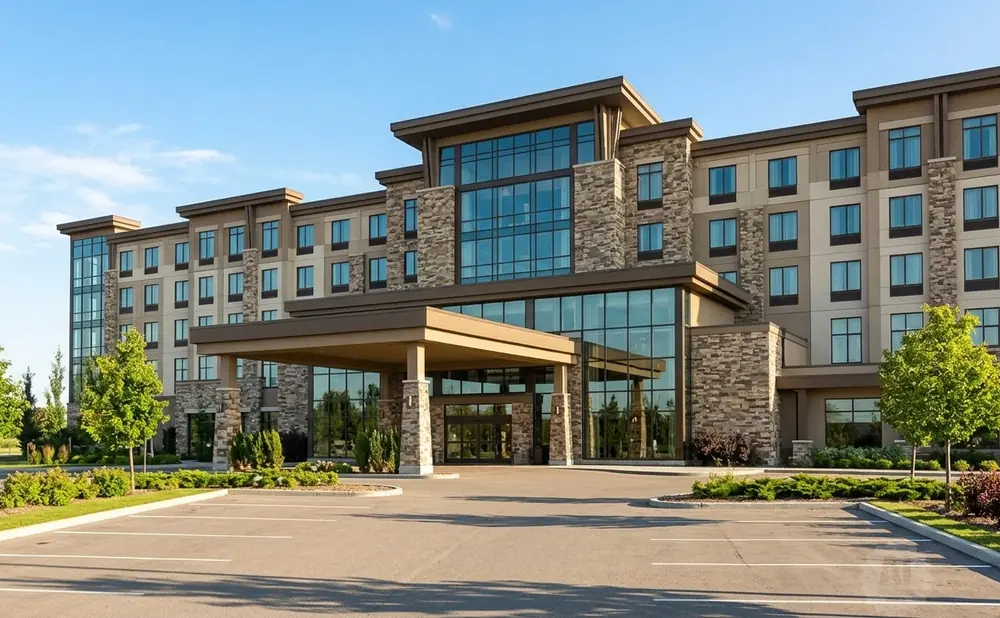 Exterior view of a modern, multi-story hotel with a large glass entrance and stone accents, surrounded by green trees and a parking lot.