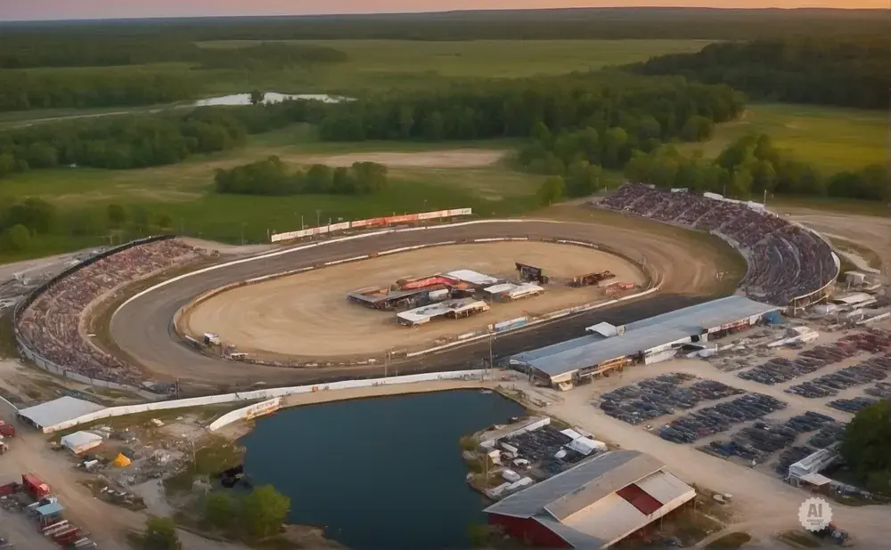 Aerial view of a dirt oval racetrack with grandstands, a pond, and a parking lot full of cars.