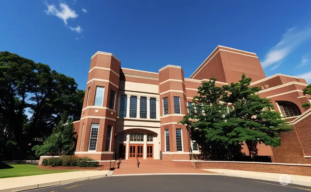 A brick building with a large entrance and tall windows, set against a bright blue sky with scattered clouds.