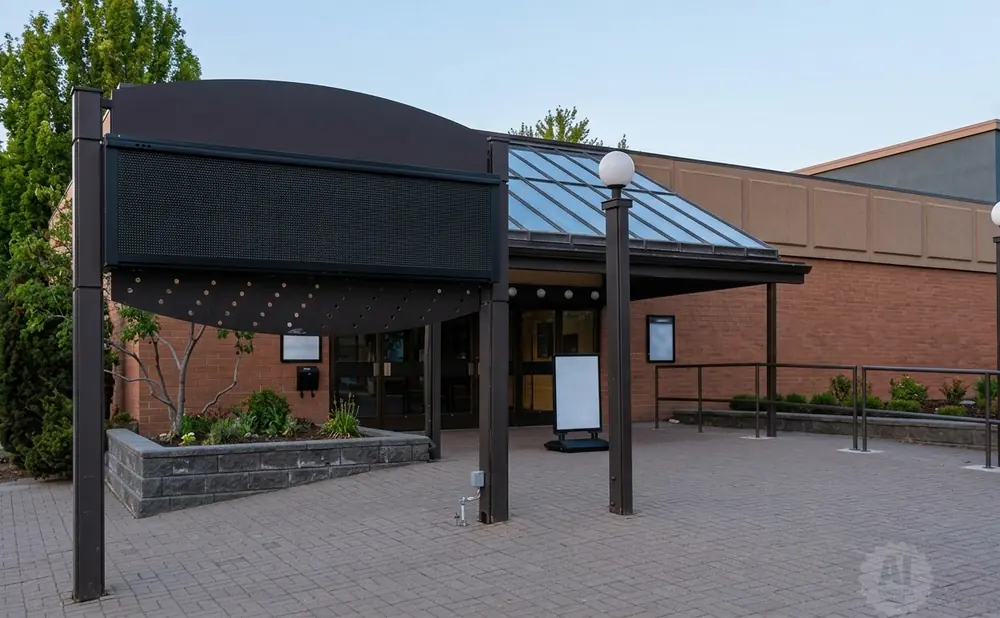 A dark digital sign stands in front of a brick building with a glass-paneled roof.