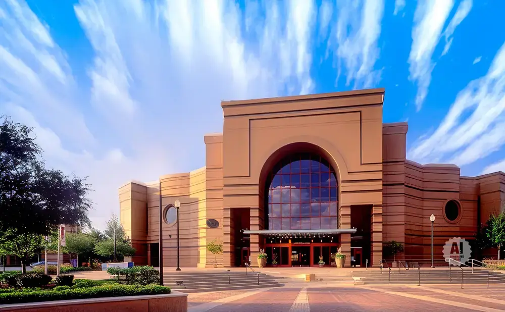 Exterior of a tan-colored building with a large arched glass entrance, under a bright blue sky with wispy clouds.