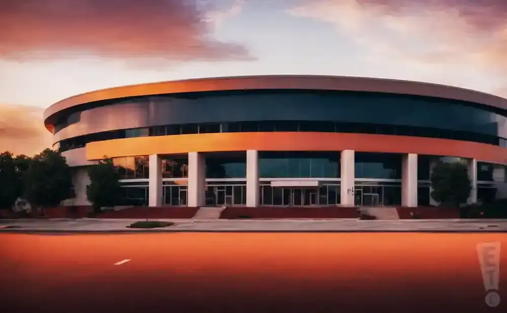 A modern, circular building with large windows and orange accents, set against a colorful sunset sky.