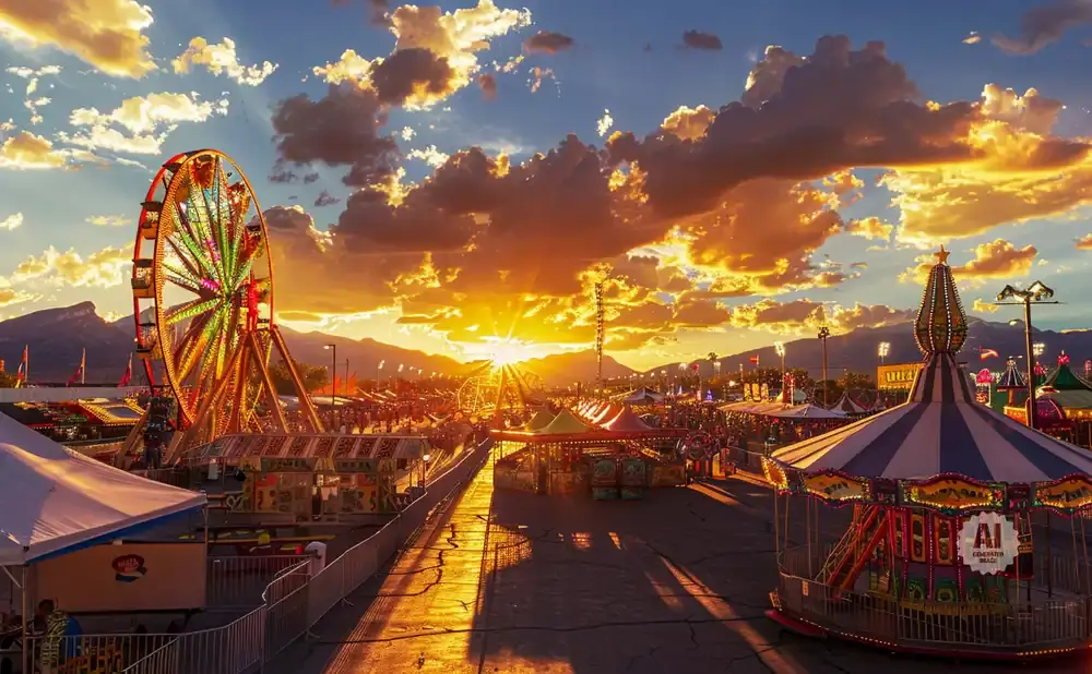 A Ferris wheel and carnival rides at sunset, with mountains in the background.