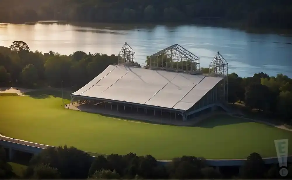 Aerial view of a large white tent structure with open sides on a green grassy field next to a body of water.