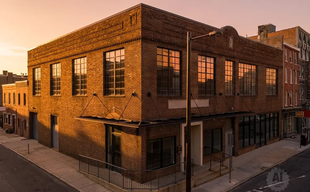 An old brick building with large windows on a city street at sunset.